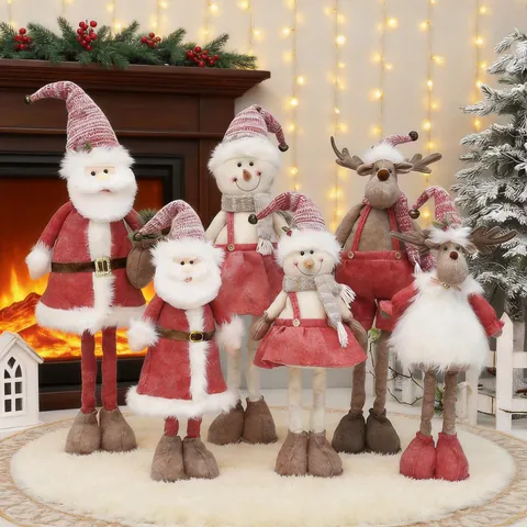 Christmas Retractable Doll Plush Santa Claus Snowman Reindeer Figurine Fabric Telescopic Leg Holiday Home Decor Gift