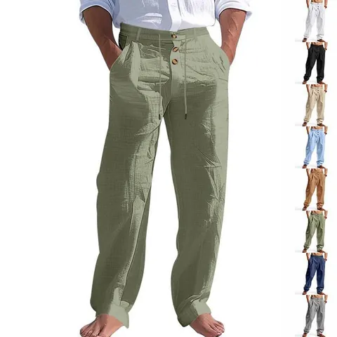 Men Casual Pants Cotton Linen Breathable Straight Leg Solid Color Drawstring Elastic Waist Button Decor Summer Beach
