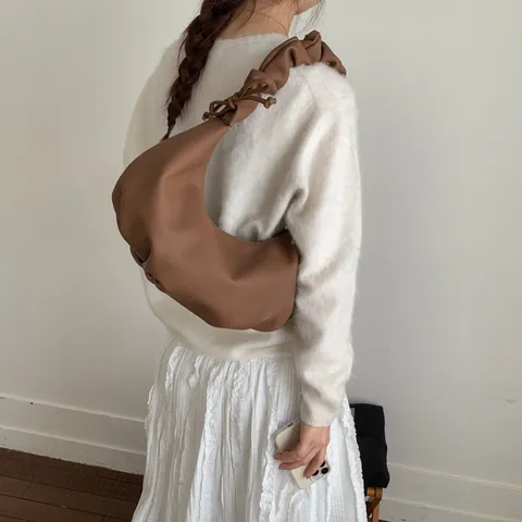 Vintage Ruched PU Leather Hobo Bag For Women Casual Solid Color Dumpling Tote Shoulder Bag With Scrunchie Handle Crossbody Bag