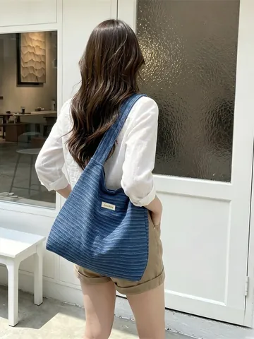 Grosse Kapazität Tote Bag Polyester Stoff Blumenstickerei Gestreifte Schultertasche Für Damen Lässig Pendeln