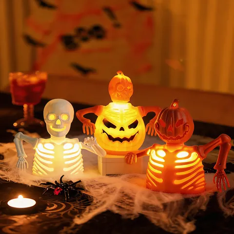Halloween Skeleton LED Candle Lamp Pumpkin Ornament Spooky Party Decoration Gothic Plastic Light For Desktop Home Bar