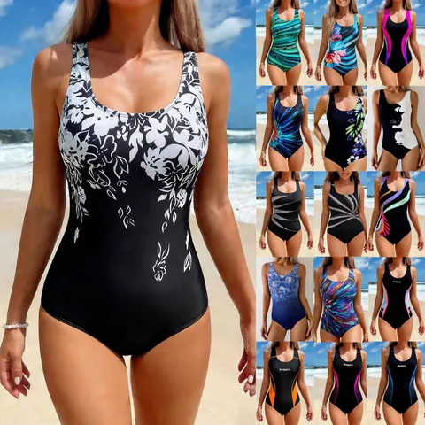 One-Piece Swimsuit Women Floral Printed Tummy Control Bathing Suit Slimming Athletic Beachwear Plus Size