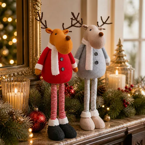 Poupée en Peluche Renne de Noël Jambes Rétractables Ornement Debout Rouge Gris Figurine de Renne Décoration de Table Cadeau