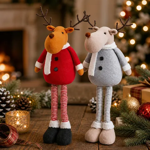 Poupée en Peluche Renne de Noël Jambes Rétractables Ornement Debout Rouge Gris Figurine de Renne Décoration de Table Cadeau
