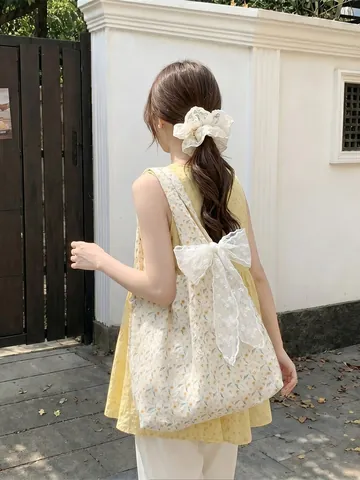 Floral Bestickte Canvas Tote Bag Große Kapazität Umhängetasche Koreanische Ästhetik Student Pendeln Spitze Hohl Handtasche