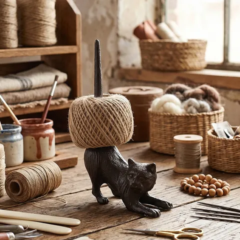 Vintage Cast Iron Cat Twine Holder Decorative Metal Rope Organizer Antique Style For Crafting Home Garden