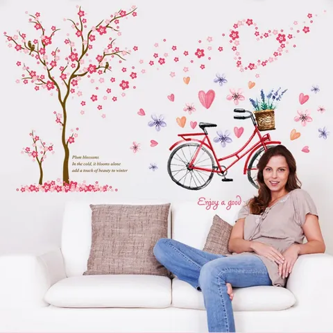 Adesivo da Parete Pastorale Albero di Prugno Bicicletta Rossa Romantico Cuore Fiore DIY Rimovibile Impermeabile PVC Casa