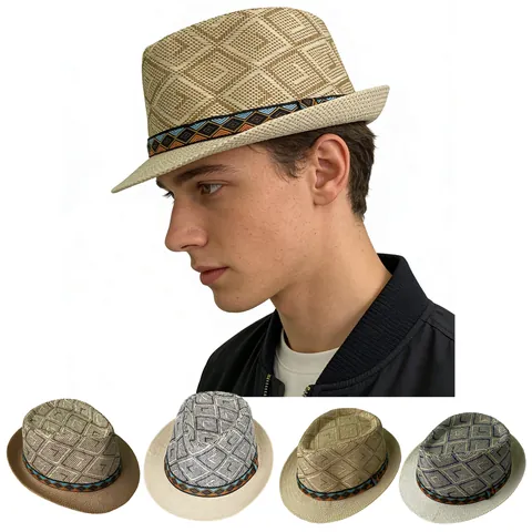 Vintage Stro Fedora Hoed Met Etnische Geometrische Band Zomer Zonbescherming Ademende Jazz Trilby Hoed Voor Mannen Vrouwen
