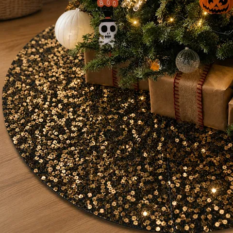Jupe de Sapin de Noël à Paillettes Scintillantes Couverture de Base d'Arbre d'Halloween Tablier d'Arbre Rond pour Décoration de Fête