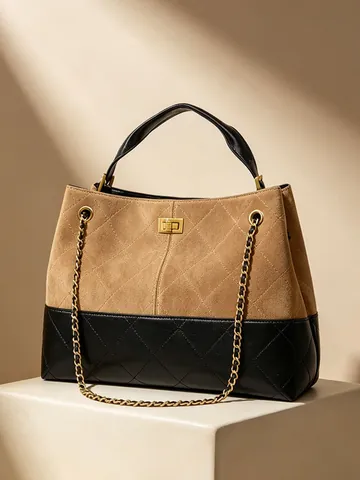 Bolso Tote de Gran Capacidad para Mujer Vintage Acolchado de Cuero PU Bolso de Mano Costuras Esmeriladas Cadena Bolso de Hombro para Trabajo