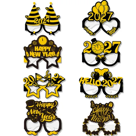 Happy New Year Party Paper Glasses 2027 Festive Photo Booth Props Gold Black Decorative Eyewear For Celebration Events