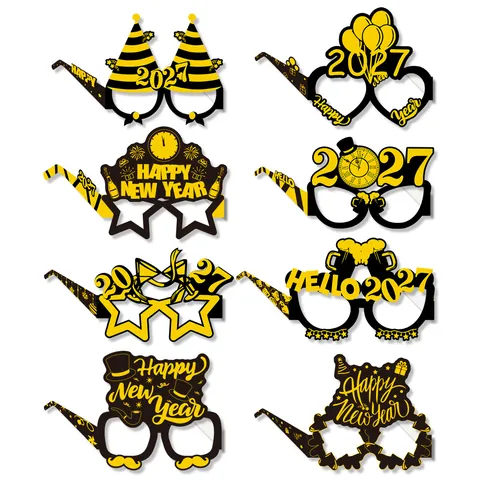 Happy New Year Party Paper Glasses 2027 Festive Photo Booth Props Gold Black Decorative Eyewear For Celebration Events