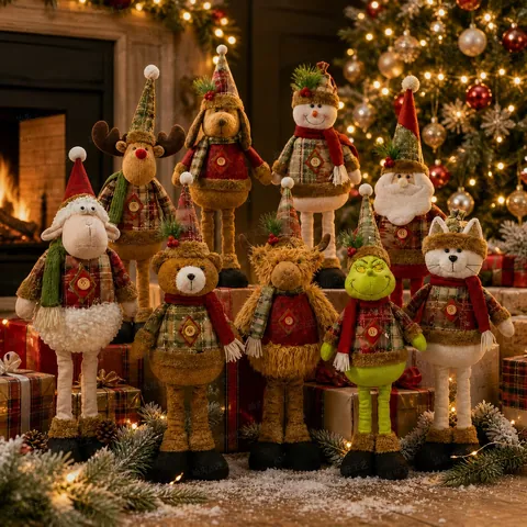 Poupée en Peluche Télescopique de Noël Père Noël Bonhomme de Neige Renne Grinch Figurine Tissu Écossais Longues Jambes Décorations de Noël Maison