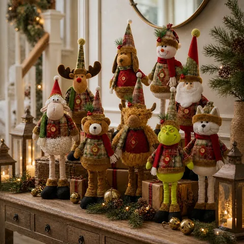 Poupée en Peluche Télescopique de Noël Père Noël Bonhomme de Neige Renne Grinch Figurine Tissu Écossais Longues Jambes Décorations de Noël Maison
