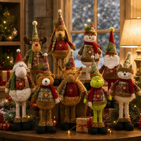Kerst Telescopische Pop Pluche Rendier Beer Schaap Koe Eend Kat Ornament Huis Decoratie Geruit Gebreid Kerstmis Staand Figuur