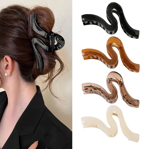 Grande Fermaglio a Pinza Geometrico a Onda Per Donna Elegante Forma a S Plastica Resina Shark Clip Accessorio Capelli Laccato