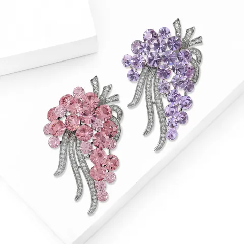 Elegante Broche de Uva de Circona Cobre Chapado en Oro Real Cristal con Borla Alfiler para Mujer Trajes Abrigos Banquete Joyería