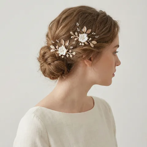 Horquilla de Aleación de Oro Vintage Con Flor de Aspecto Cerámico e Imitación de Perla Artificial Horquilla en U de Boda para Mujer Tocado