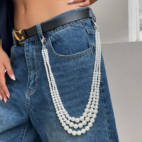 Fashion Multi Layer Imitation Artificial Pearl Waist Chain For Women Alloy Metal Hip Hop Streetwear Pants Chain Jeans Accessory Silver Tone