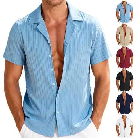 Herren Freizeit Kurzarmhemd Strukturierte Vertikale Streifen Button Down Revers Locker Atmungsaktiv Sommer Strand Urlaub Top