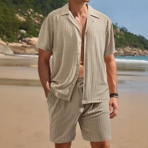 Herren Freizeit Kurzarmhemd Strukturierte Vertikale Streifen Button Down Revers Locker Atmungsaktiv Sommer Strand Urlaub Top