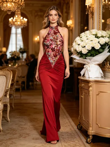 Robe Maxi Licou Femme Brodée Mesh Paillettes Plissé Coupe Ajustée Dos Nu Soirée Élégante