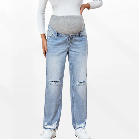Maternity Jeans Ripped Denim High Waist Belly Support Loose Straight Leg Casual Pants For Pregnant Women