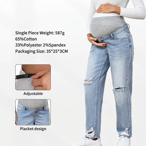 Maternity Jeans Ripped Denim High Waist Belly Support Loose Straight Leg Casual Pants For Pregnant Women