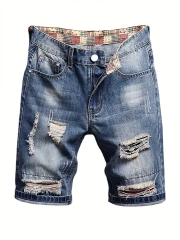 Men's Ripped Denim Shorts Distressed Cotton Blend Five Pocket Casual Loose Fit Summer Shorts Navy Blue Retro Streetwear