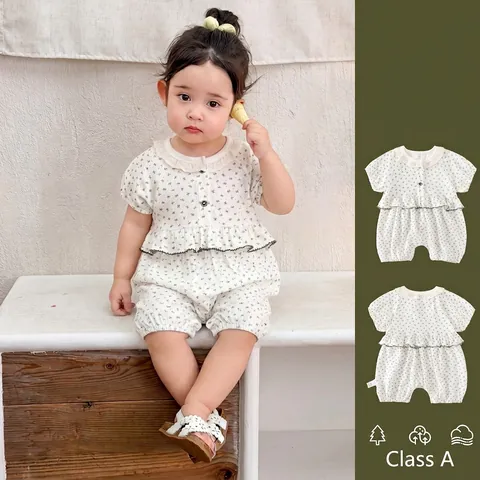 Barboteuse d'Été à Fleurs pour Bébés Filles sans Manches en Coton Dentelle Nœud Combinaison pour Nouveau-Né Tenues Douces
