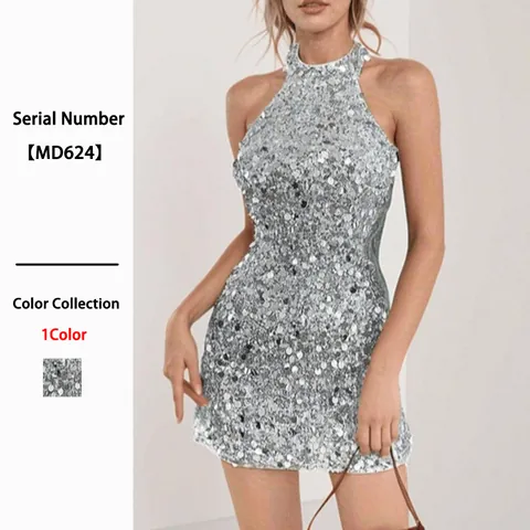 Vestito Corto Con Paillettes Argentate Allacciato Al Collo Schiena Scoperta Bodycon Senza Maniche Sexy Party Sera Donne