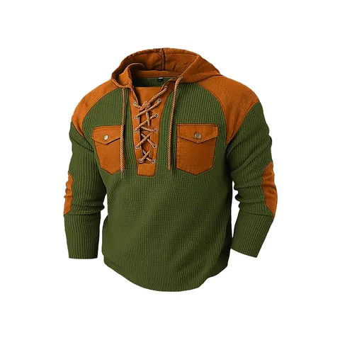 Felpa Con Cappuccio In Maglia A Nido D'ape Da Uomo Color Block Lacci Coulisse Manica Lunga Felpa Retro Casual Con Tasche