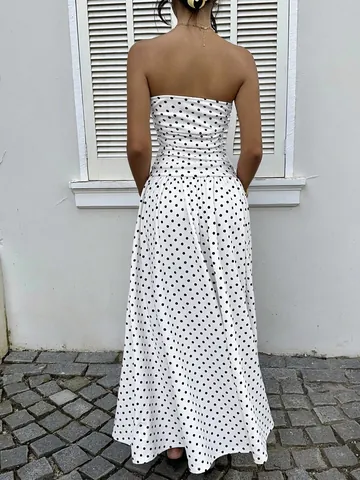 Women Sexy Polka Dot Bandeau Maxi Dress Retro Strapless A-Line High Waist Elegant Vacation Long Dress Polyester Spandex