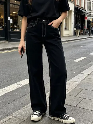 Women High Waist Wide Leg Jeans Cotton Denim Straight Leg Washed Retro Casual Commuted Trousers Vintage Long Pants