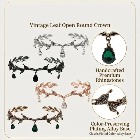 Tiara da Sposa Foglia Elfica Corona Vintage in Lega Con Strass Accessori per Capelli Pendente a Goccia d'Acqua Per Matrimonio Festa Donna