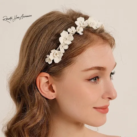 Cerchietto per Capelli Fatto a Mano con Fiori in Pasta Polimerica Bianca Elegante Accessorio per Sposa Matrimonio Donna Stile Foresta