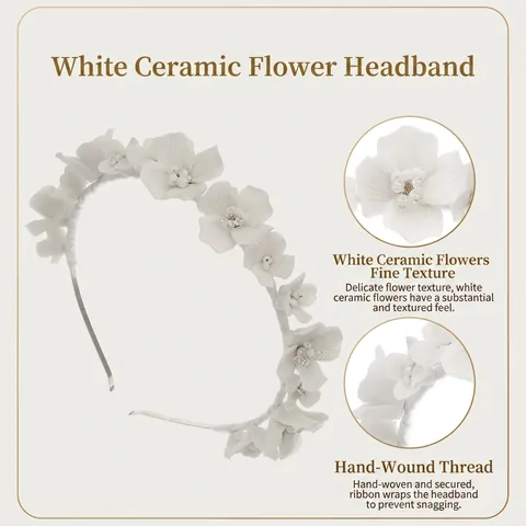 Cerchietto per Capelli Fatto a Mano con Fiori in Pasta Polimerica Bianca Elegante Accessorio per Sposa Matrimonio Donna Stile Foresta