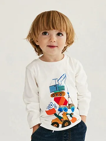 Maglietta a Maniche Lunghe da Ragazzo in Cotone Con Stampa di Escavatore Cartoon Girocollo Top per Bambini Abbigliamento Casual
