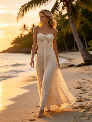 Mesh Artificial Pearl Embellished Tube Top Evening Dress Sexy High Waist Long Party Gown Elegant Formal Wear