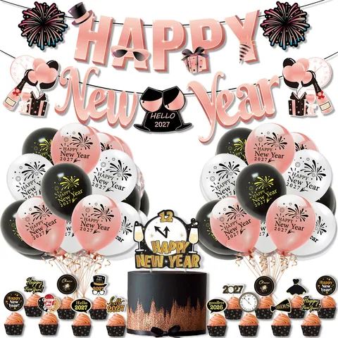 Happy New Year 2026 Party Decoration Banner Latex Balloons Cake Toppers Rose Gold Black White Festive Celebration Eve