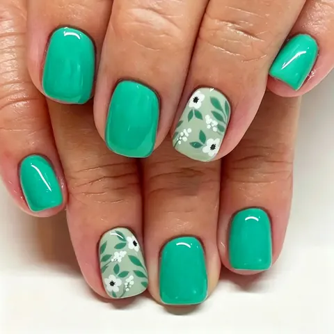 Floral Pattern Press On Nails Short Square Round Sage Green Artificial Fake Nails With Jelly Glue Adhesive Tabs And Nail File