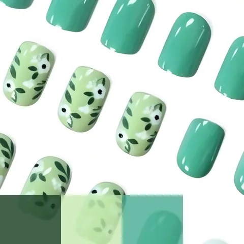 Floral Pattern Press On Nails Short Square Round Sage Green Artificial Fake Nails With Jelly Glue Adhesive Tabs And Nail File