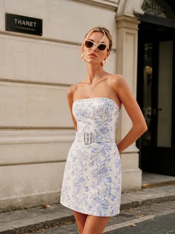 Strapless Polyester Mini-Jurk Met Bloemenprint En Riem Hoge Taille A-Lijn Mouwloos Elegant Zomer Vakantie Voor Dames