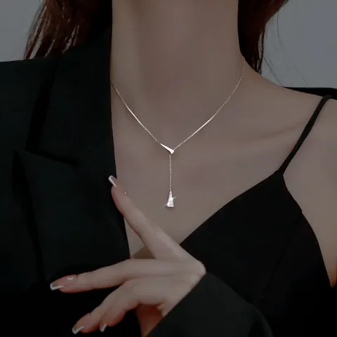 Collana Lariat a Forma di Y con Triangolo Geometrico Placcata in Argento Sterling 925 con Nappina in Zirconia Gioielli per Donna