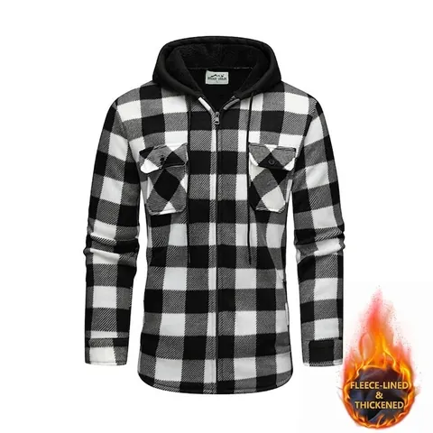 Men's Hooded Plaid Fleece Lined Jacket Winter Warm Color Block Zip Up Cardigan Jacket Casual Outdoor Windbreaker Top