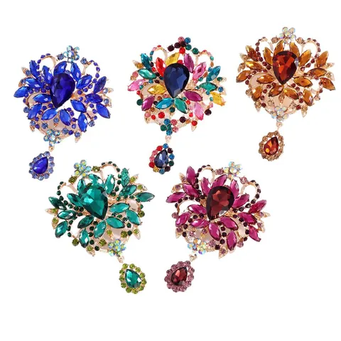 Spilla in Lega Vintage con Fiori in Strass Elegante Cristallo a Goccia d'Acqua per Banchetto Matrimonio Accessorio Gioielli Donna