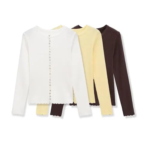 Cardigan En Maille Côtelée Femme Col Rond Manches Longues Boutonné Bordure Ondulée Pull Ajusté Élégant Marron