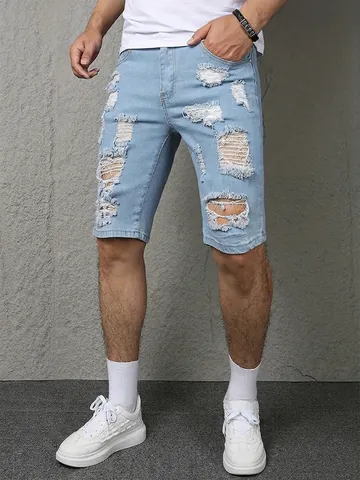 Herren Distressed Ripped Denim Shorts Hellblau Gewaschen Baumwollmischung Sommer Slim Fit Streetwear Shorts Für Herren Mode Hip Hop Stil