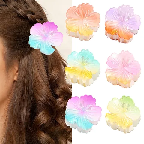 Gradient Hibiscus Flower Hair Claw Clip For Women Summer Beach Vacation Plastic Shark Clip Fresh Floral Hair Accessory