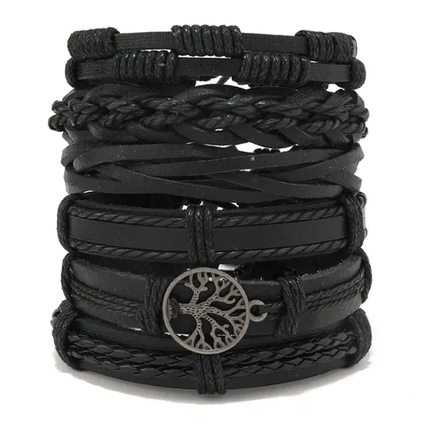 Handgefertigte Vintage Mehrlagige Geflochtene Lederarmbänder Für Herren Legierung Lebensbaum Anhänger Verstellbare Punk Schmuck